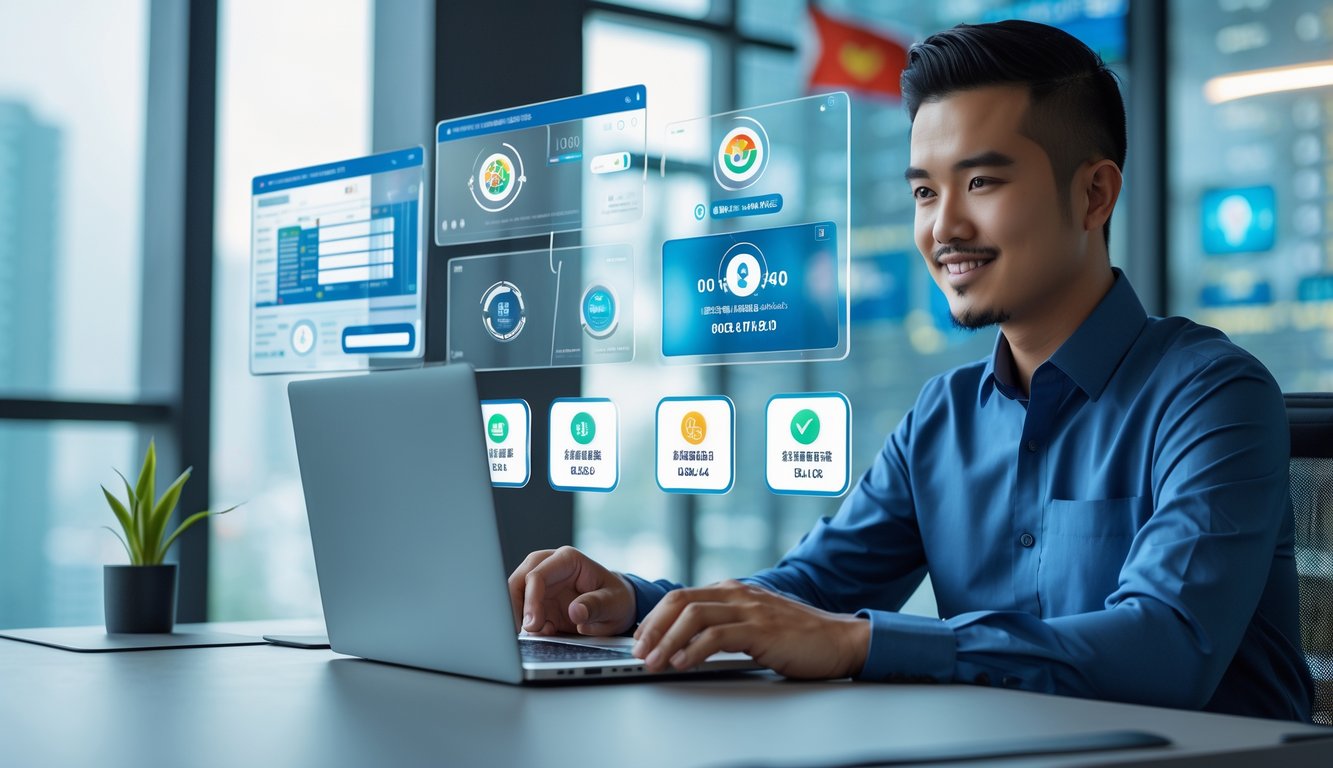 Seorang pria Indonesia sedang menggunakan laptop di kantor modern dengan layar digital yang menampilkan grafik dan ikon transaksi online.
