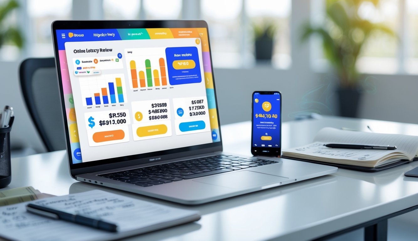 Seorang profesional sedang bekerja di meja dengan laptop yang menampilkan situs togel online dan perangkat lain seperti ponsel dan buku catatan di lingkungan kantor yang terang.