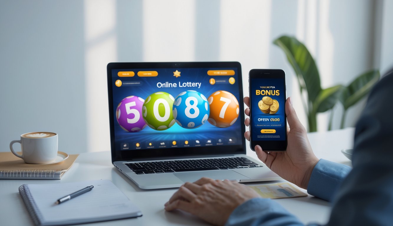 Seorang pengguna sedang menggunakan laptop dan ponsel untuk bermain togel online di meja kerja yang rapi.