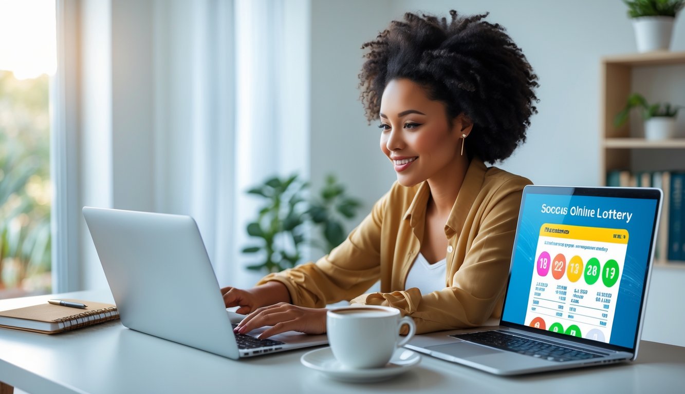 Seorang wanita muda duduk di meja kerja menggunakan laptop dengan santai dan fokus, di ruang kerja rumah yang terang dan rapi.