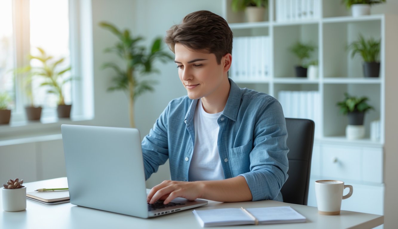 Seorang dewasa muda duduk di meja kerja dengan laptop, sedang fokus menggunakan komputer di ruangan rumah yang rapi dan terang.