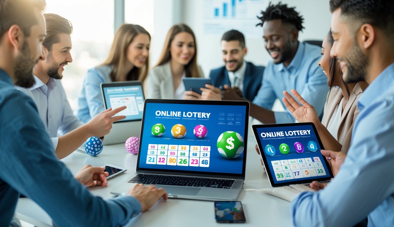 Orang-orang menggunakan perangkat digital untuk bermain togel online resmi dengan suasana kantor yang cerah dan profesional.