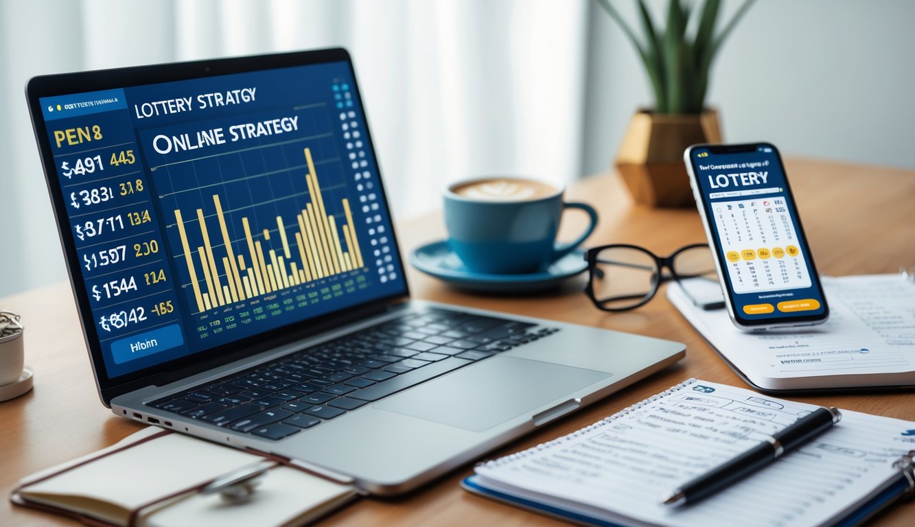 Meja kerja dengan laptop, buku catatan, pena, dan ponsel yang menampilkan data terkait strategi togel online.