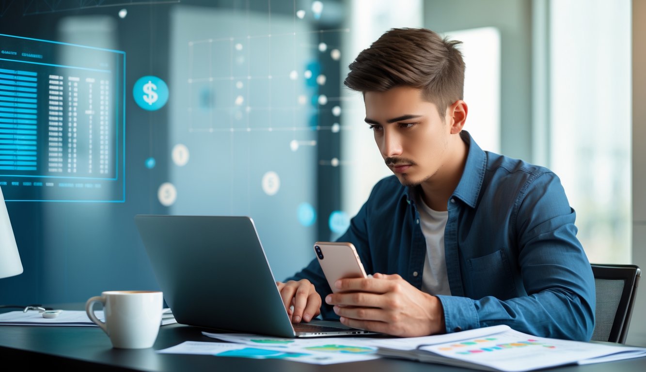 Seorang pria muda fokus menggunakan laptop dan ponsel di meja dengan catatan dan kopi di ruangan terang.