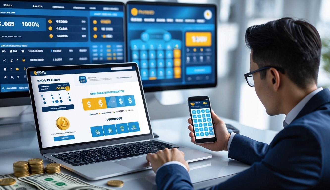 Seorang pria menggunakan laptop dan ponsel untuk mengakses platform togel online di ruang kerja modern.