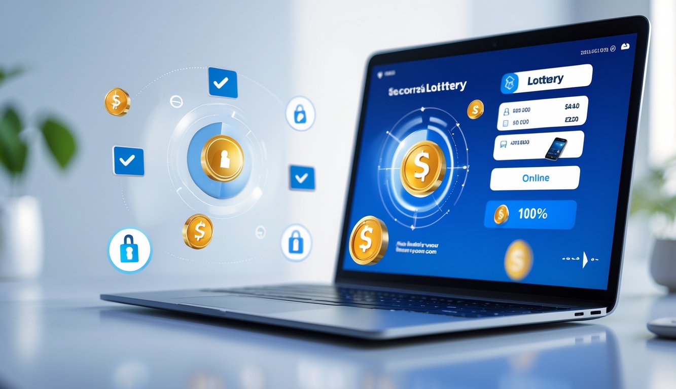 Sebuah perangkat digital dengan tampilan antarmuka lotere online yang aman dan terpercaya, dikelilingi simbol keamanan dan pembayaran penuh.