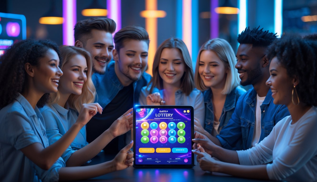 Sekelompok orang muda yang bahagia sedang menggunakan perangkat digital untuk bermain togel online di ruangan modern yang terang.