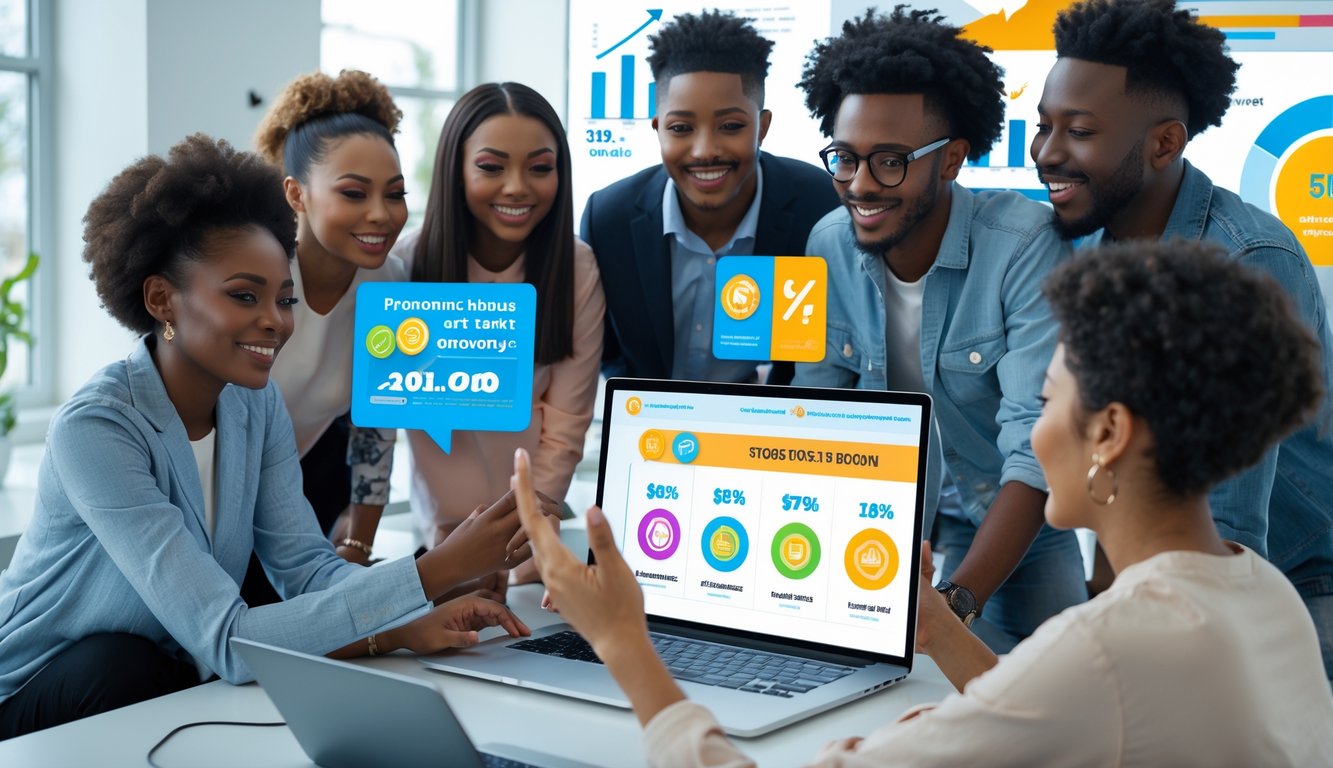 Sekelompok orang muda sedang melihat layar laptop dan ponsel yang menampilkan ikon promosi togel online dengan ekspresi antusias di sebuah kantor terang.