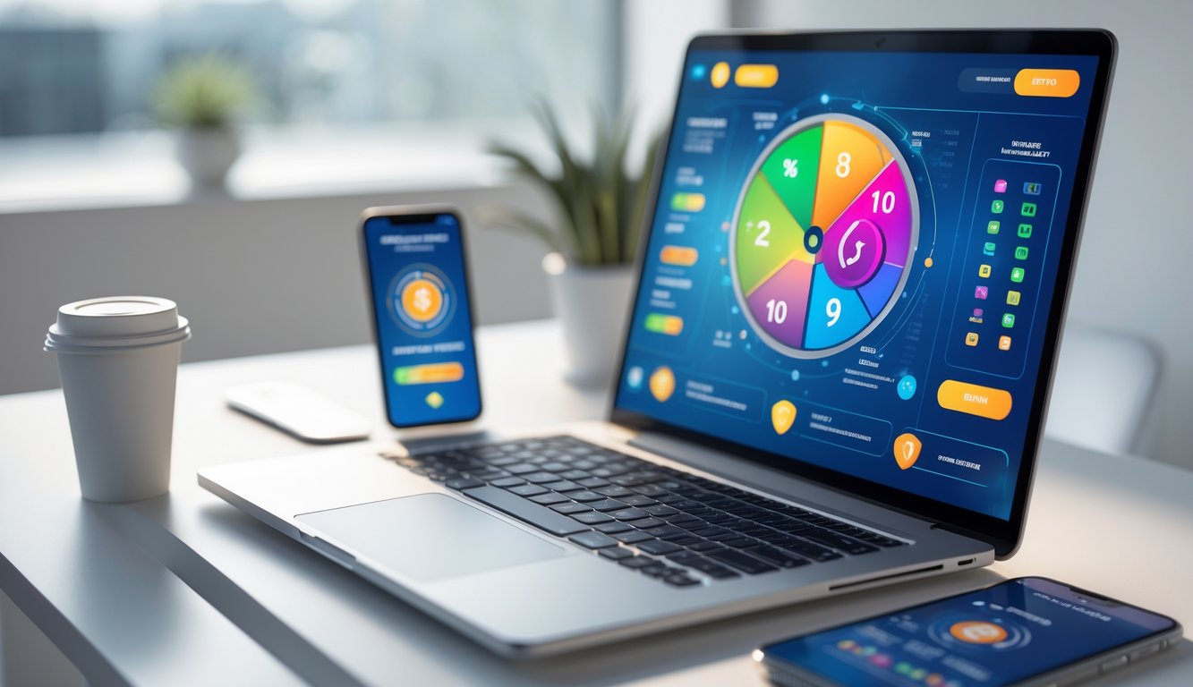 Sebuah meja kerja modern dengan laptop yang menampilkan antarmuka digital berwarna, ponsel, dan cangkir kopi di sekitarnya.