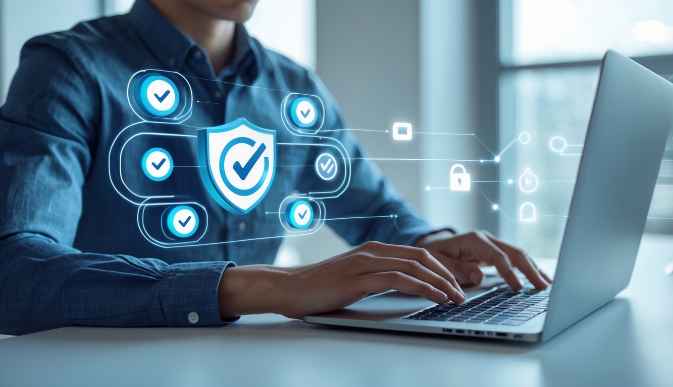 Seorang dewasa muda menggunakan laptop di ruang kerja modern dengan latar belakang ikon keamanan dan koneksi digital.