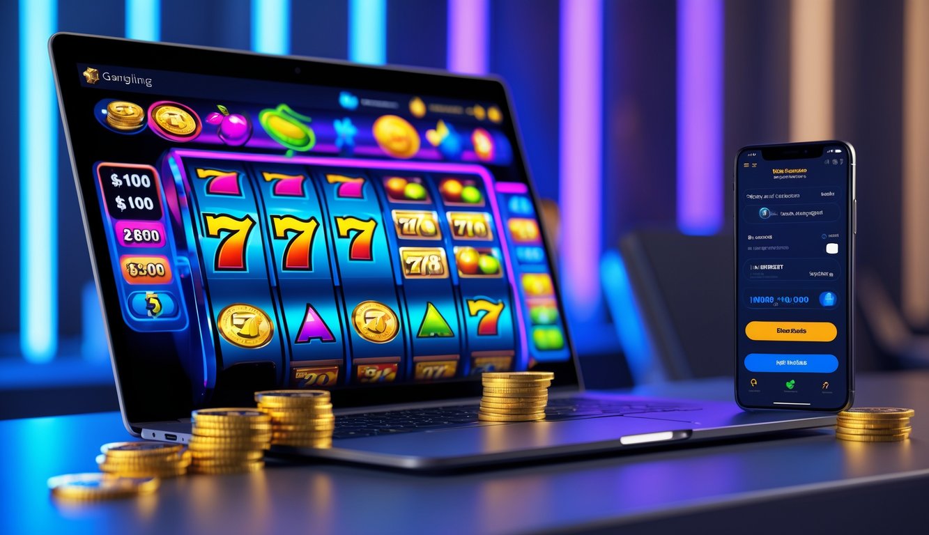 Seorang pengguna sedang bermain slot online menggunakan laptop dan ponsel di meja dengan latar belakang lampu neon biru dan ungu.