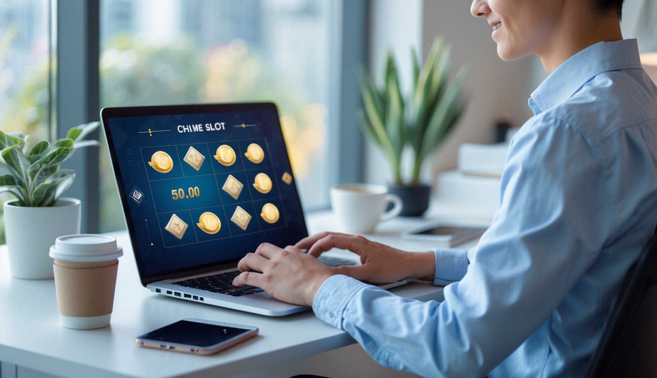 Seseorang sedang menggunakan laptop di meja kerja dengan suasana kantor yang terang dan rapi, menampilkan ikon permainan slot dan simbol mata uang digital di layar.