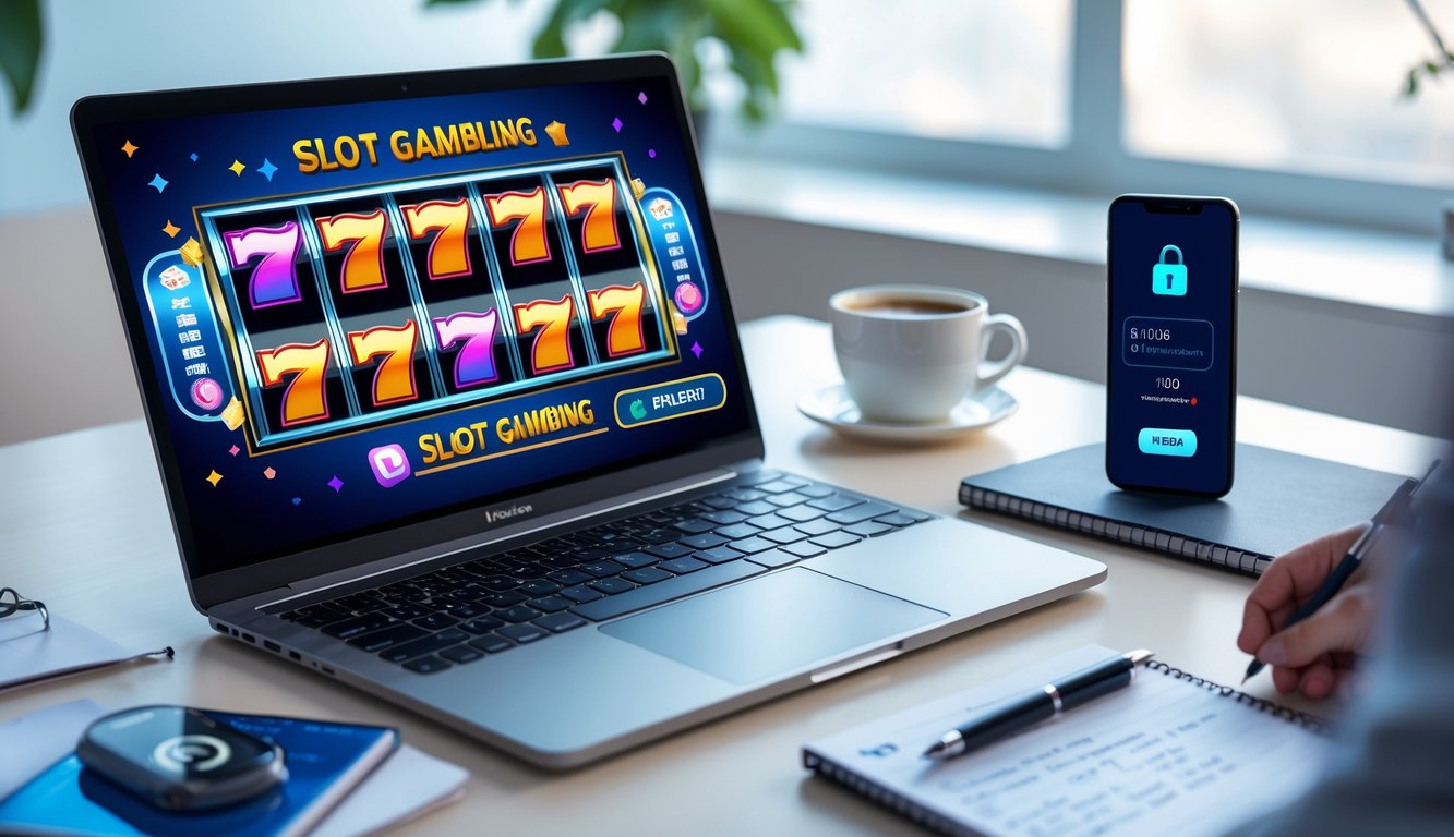 Meja kerja dengan laptop menampilkan permainan slot online, ponsel dengan aplikasi pembayaran, dan alat tulis di ruangan kantor yang terang.