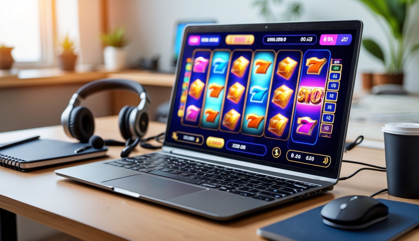 Meja kerja dengan laptop yang menampilkan permainan slot online, dilengkapi aksesori gaming dan suasana yang nyaman.