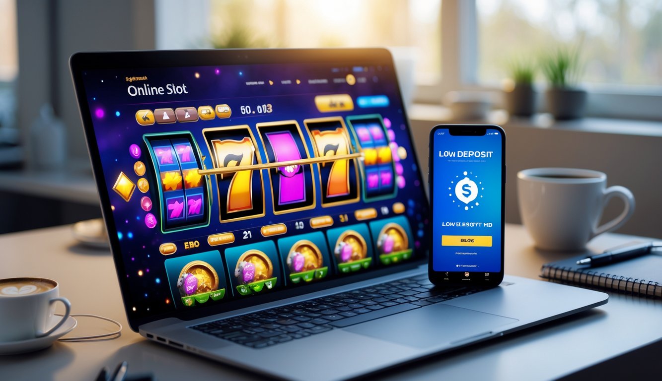 Sebuah ruang kerja modern dengan laptop menampilkan permainan slot online dan ponsel menunjukkan aplikasi pembayaran, dikelilingi kopi dan alat tulis di meja.