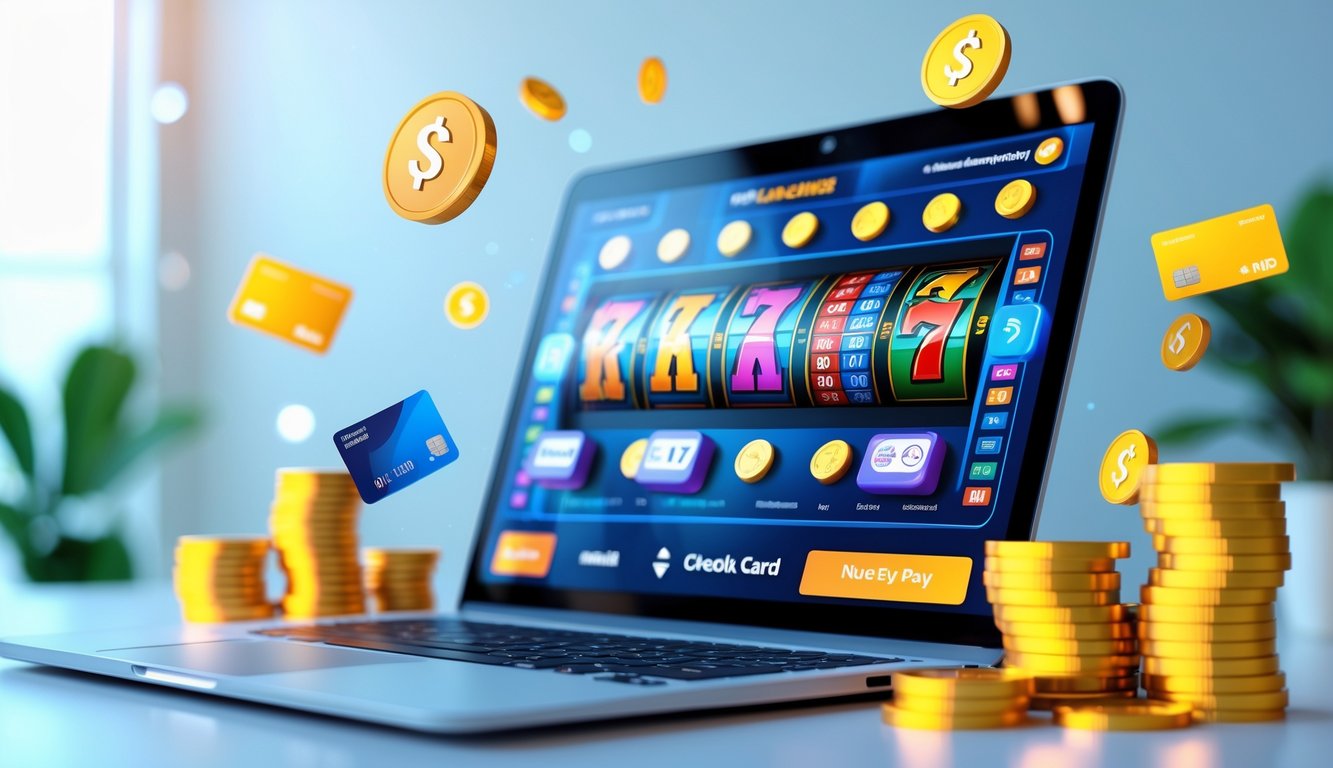 Seorang pengguna sedang bermain mesin slot online di komputer dengan latar belakang yang bersih dan elemen pembayaran digital di sekitarnya.