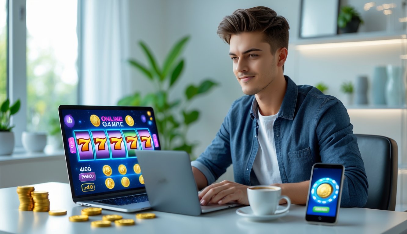 Seorang pria muda duduk di meja kerja dengan laptop yang menampilkan permainan slot online, di sekitarnya ada elemen seperti koin digital dan ponsel, suasana ruangan terang dan rapi.
