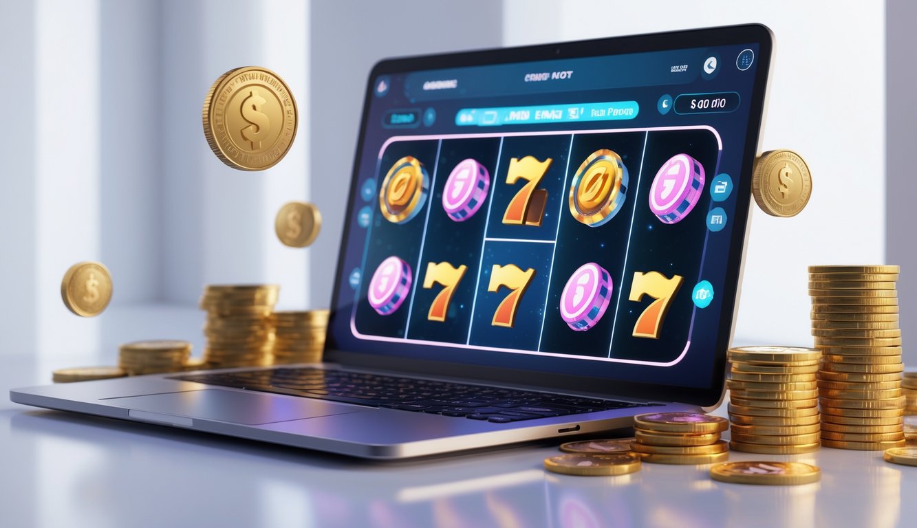 Layar perangkat menampilkan permainan slot online dengan ikon jackpot dan elemen transaksi uang digital di sekitarnya.