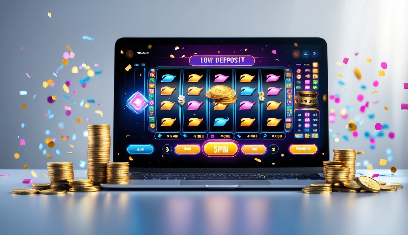 Seseorang menggunakan laptop atau smartphone dengan tampilan permainan slot online yang penuh warna dan ikon jackpot, dikelilingi oleh koin dan cahaya kemenangan.