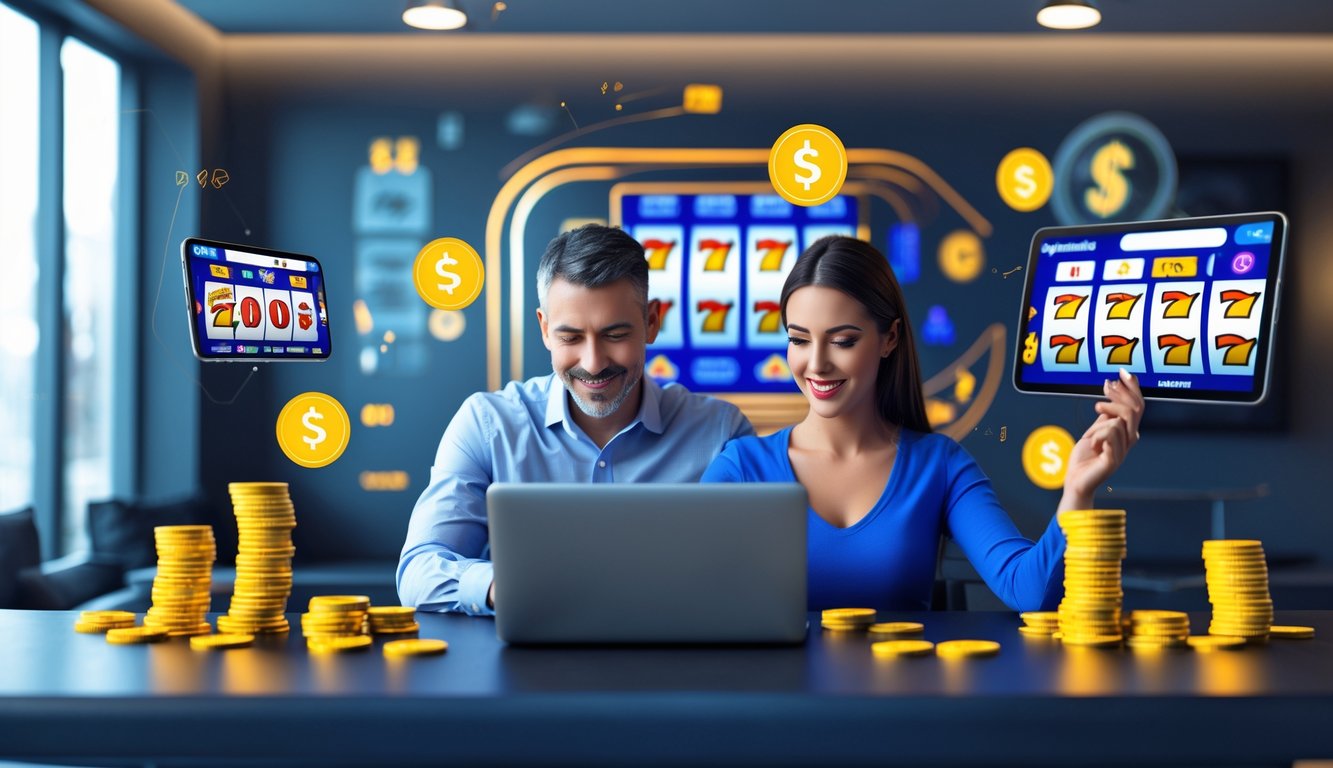 Dua orang dewasa menggunakan laptop dan ponsel untuk bermain permainan slot online di ruangan modern yang terang dan aman.