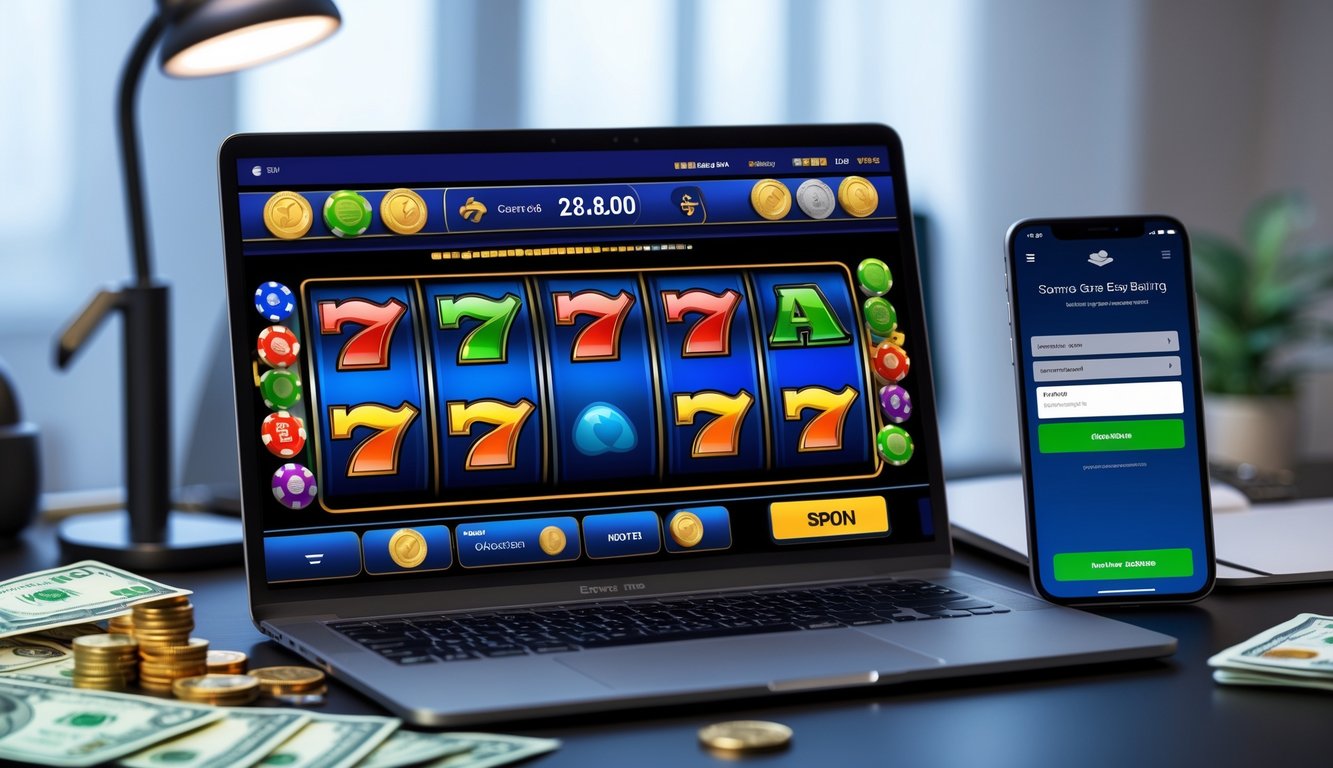 Seorang pengguna sedang bermain slot online di laptop dengan ponsel di samping yang menampilkan aplikasi perbankan, di meja kerja yang rapi dengan uang dan kartu kredit.