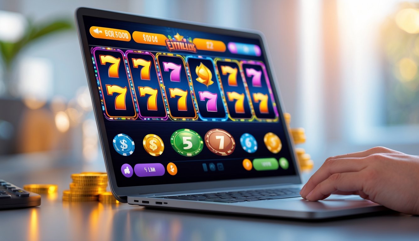 Seseorang menggunakan laptop atau ponsel dengan tampilan permainan slot online berwarna cerah di layar, di meja kerja yang rapi dengan pencahayaan alami.
