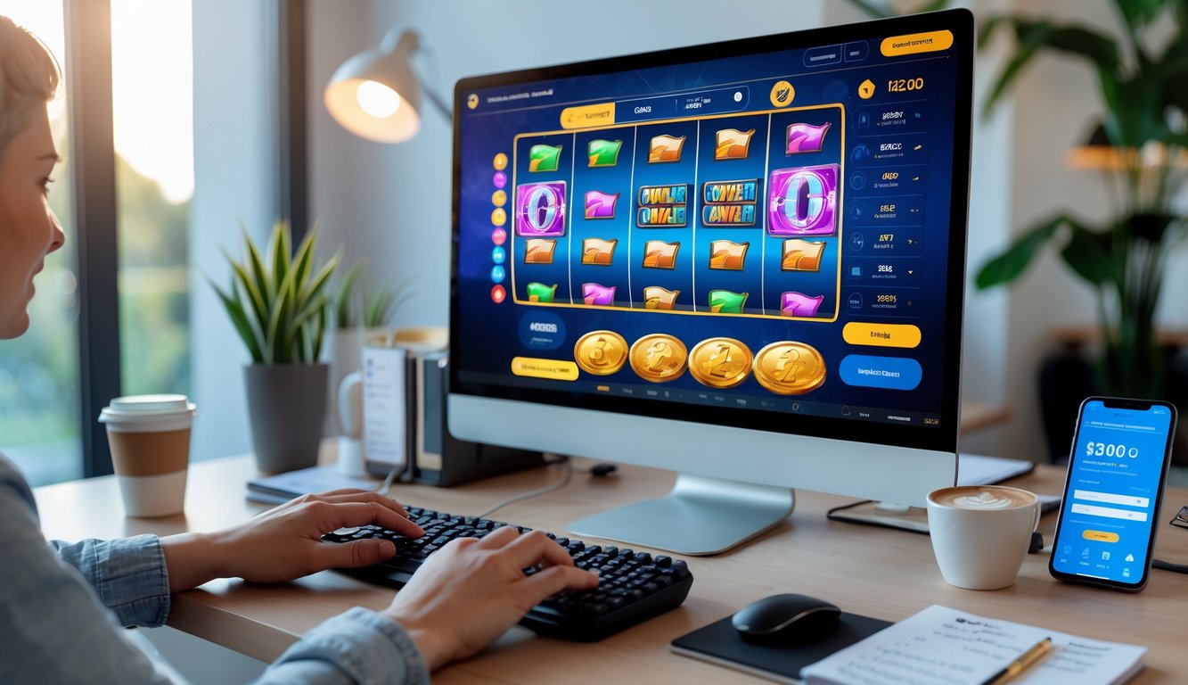 Seorang pemain sedang menggunakan komputer di meja kerja dengan permainan slot online di layar, dikelilingi oleh catatan, kopi, dan ponsel.