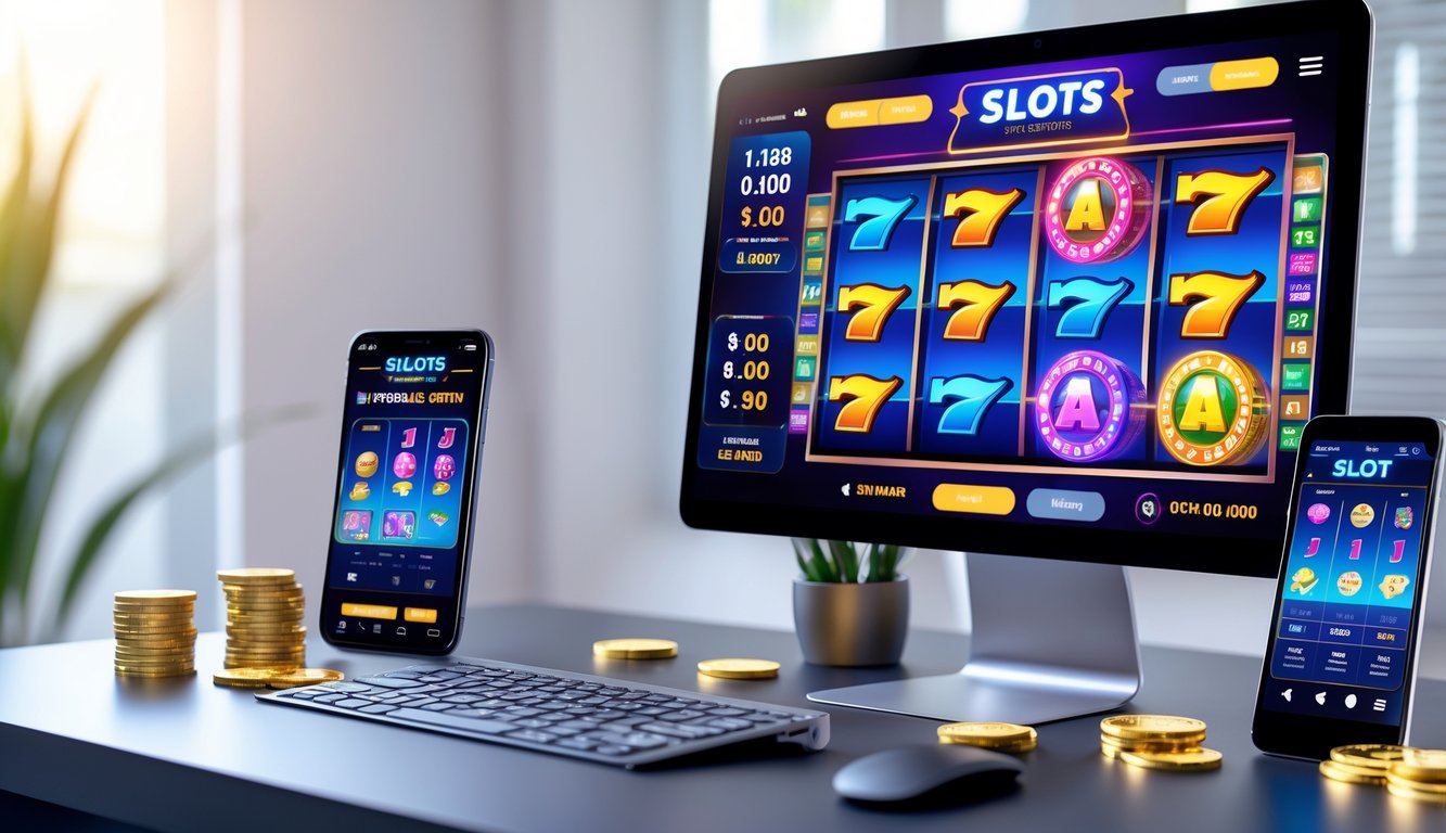 Seseorang menggunakan laptop dan ponsel dengan tampilan permainan slot online yang berwarna-warni di meja kerja yang rapi.