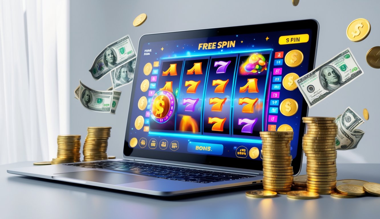 Seorang pengguna sedang bermain permainan slot online di laptop dengan latar belakang bersih dan elemen uang serta simbol promosi di sekitarnya.