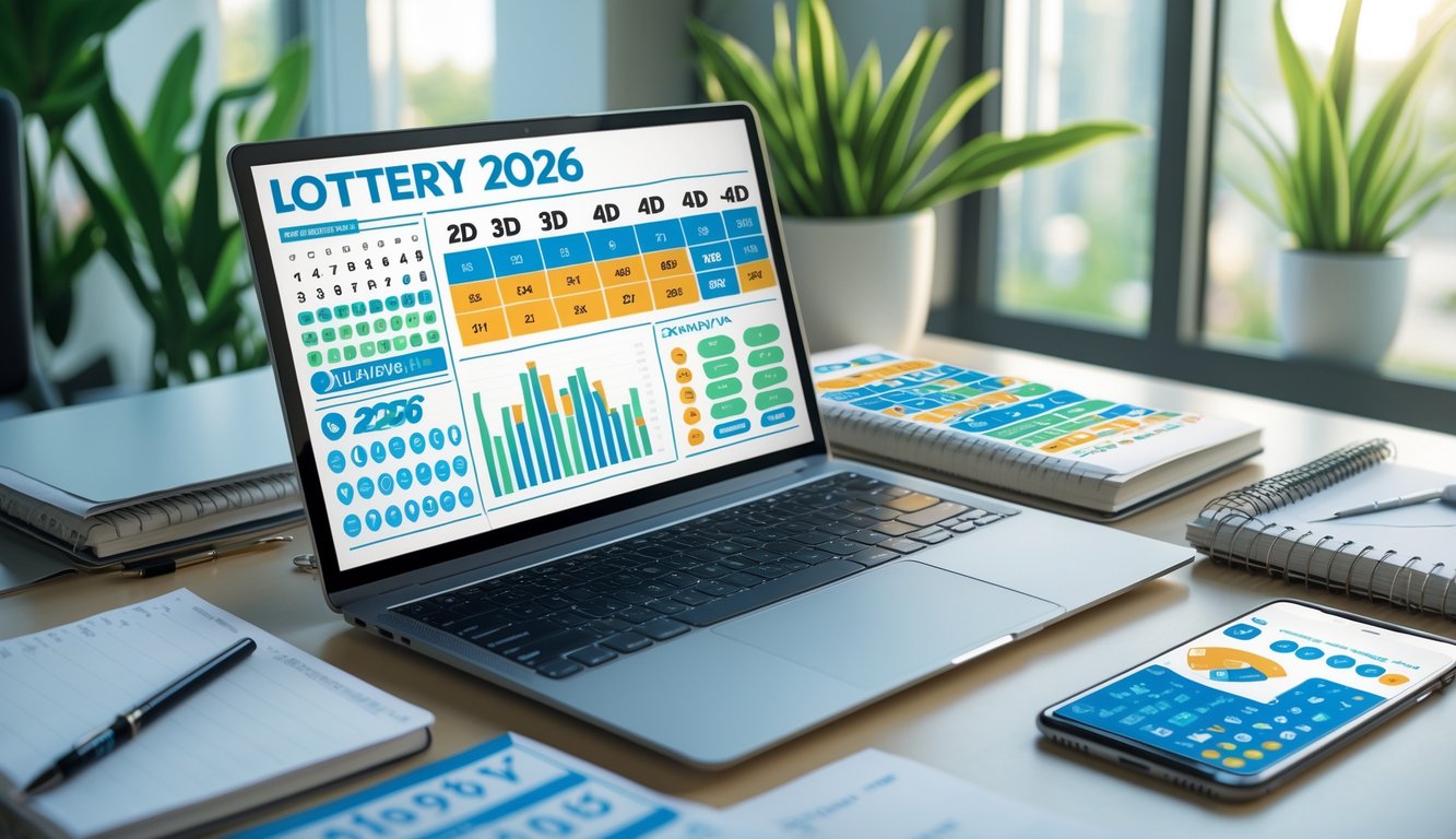 Meja kerja dengan laptop yang menampilkan grafik dan data angka, dikelilingi oleh buku catatan, pena, dan ponsel, dengan latar belakang tanaman hijau dan cahaya alami.