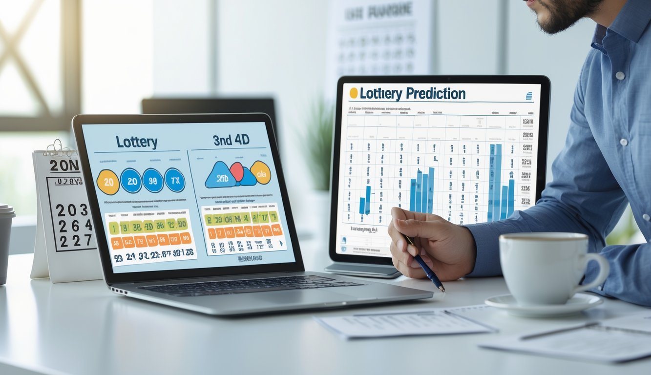 Seorang profesional sedang menganalisis data prediksi togel di meja kerja dengan perangkat digital di kantor yang terang dan rapi.