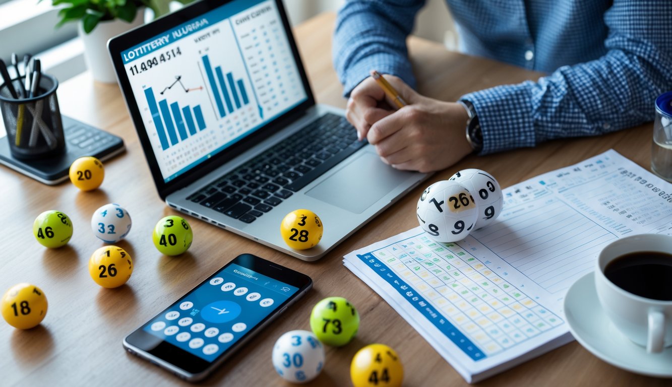 Sebuah meja kerja modern dengan laptop, catatan angka, bola togel, kalkulator, dan ponsel, menggambarkan aktivitas prediksi angka togel mingguan.