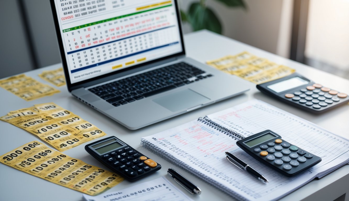 Meja kerja dengan laptop, kalkulator, catatan, dan tiket togel yang menunjukkan aktivitas prediksi angka togel 2D, 3D, dan 4D.