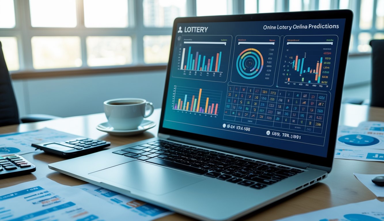 Meja kerja dengan laptop yang menampilkan grafik statistik dan angka, dikelilingi kertas dan kalkulator, di ruangan kantor yang terang.