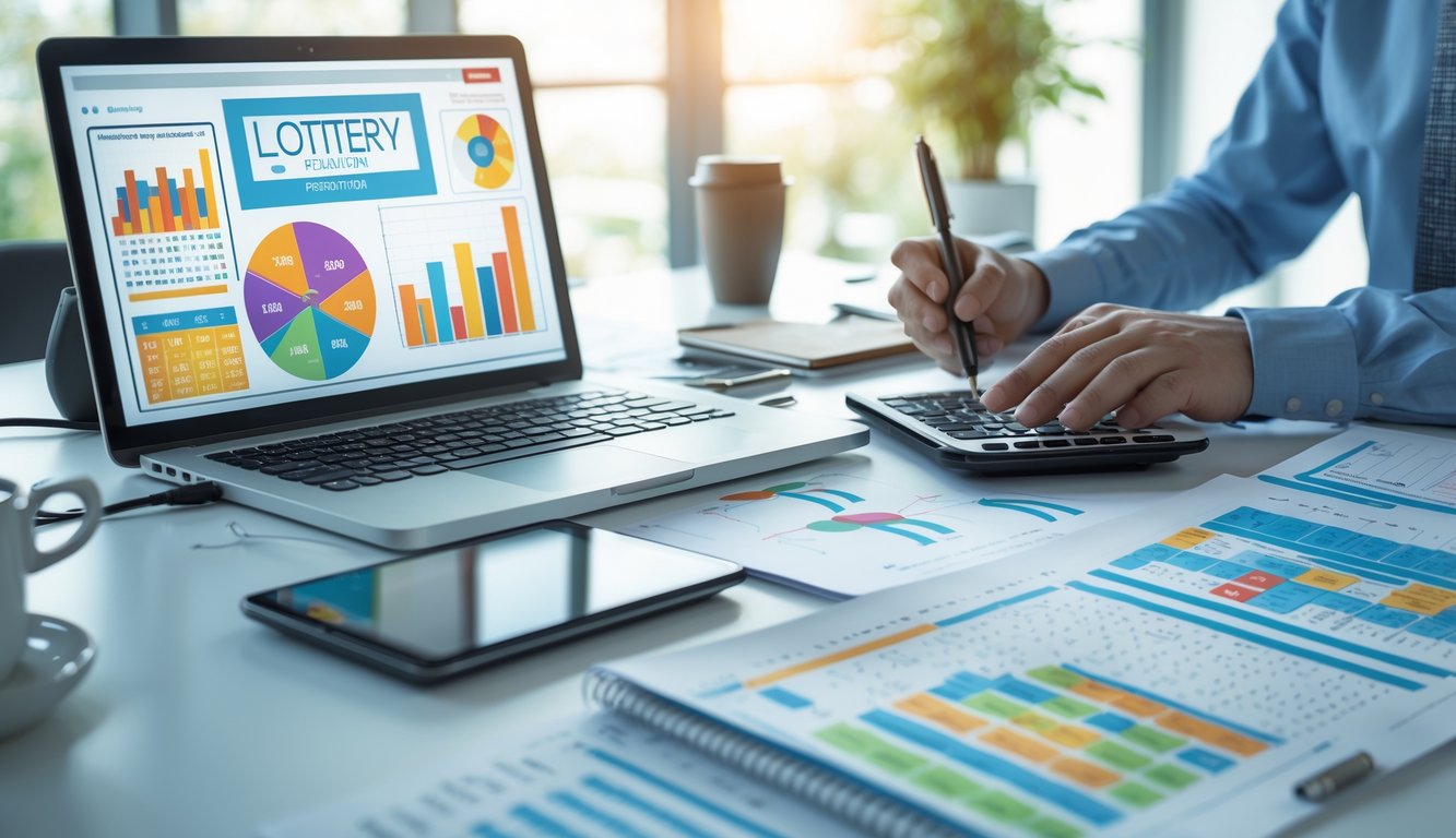 Seorang profesional sedang menganalisis data statistik di meja kerja dengan perangkat digital dan kertas berisi angka-angka prediksi togel.