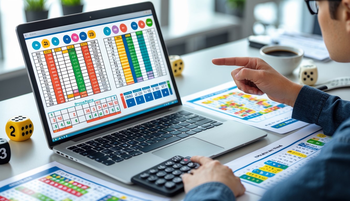 Seseorang sedang menganalisis grafik dan data prediksi togel di meja kerja dengan laptop dan kertas prediksi.