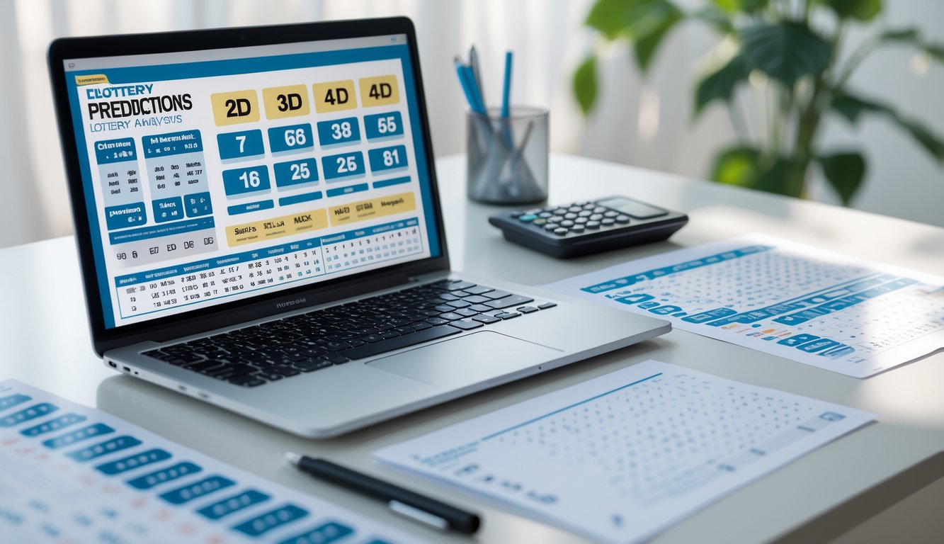 Meja kerja dengan laptop, kalkulator, dan kertas berisi data angka untuk analisis prediksi togel 2D, 3D, dan 4D.