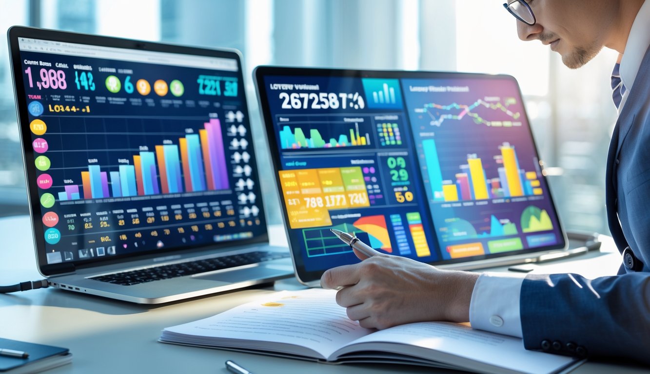 Seorang profesional sedang menganalisis data keluaran togel terbaru di meja kerja dengan perangkat digital dan grafik di layar.