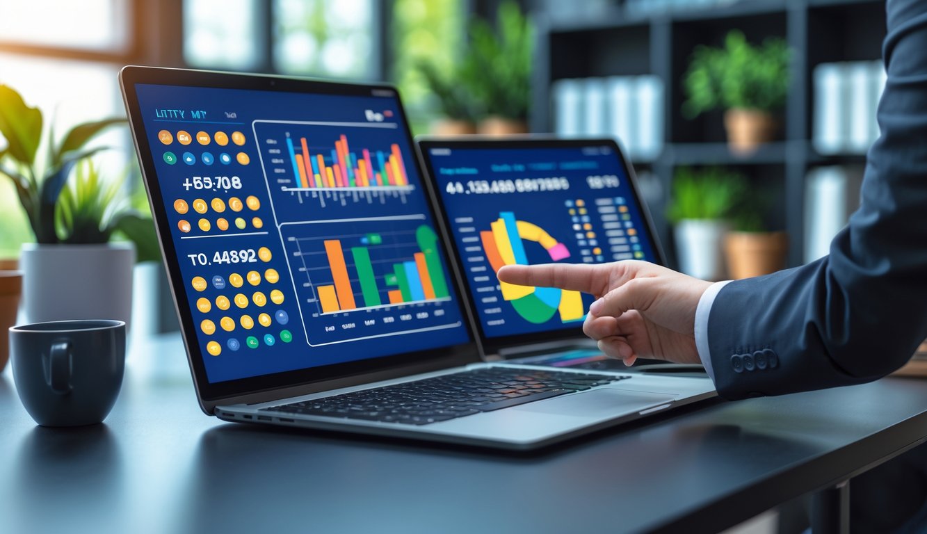 Meja kerja modern dengan perangkat digital yang menampilkan grafik dan data angka togel 2D, 3D, dan 4D, dengan tangan menunjuk layar untuk analisis data.