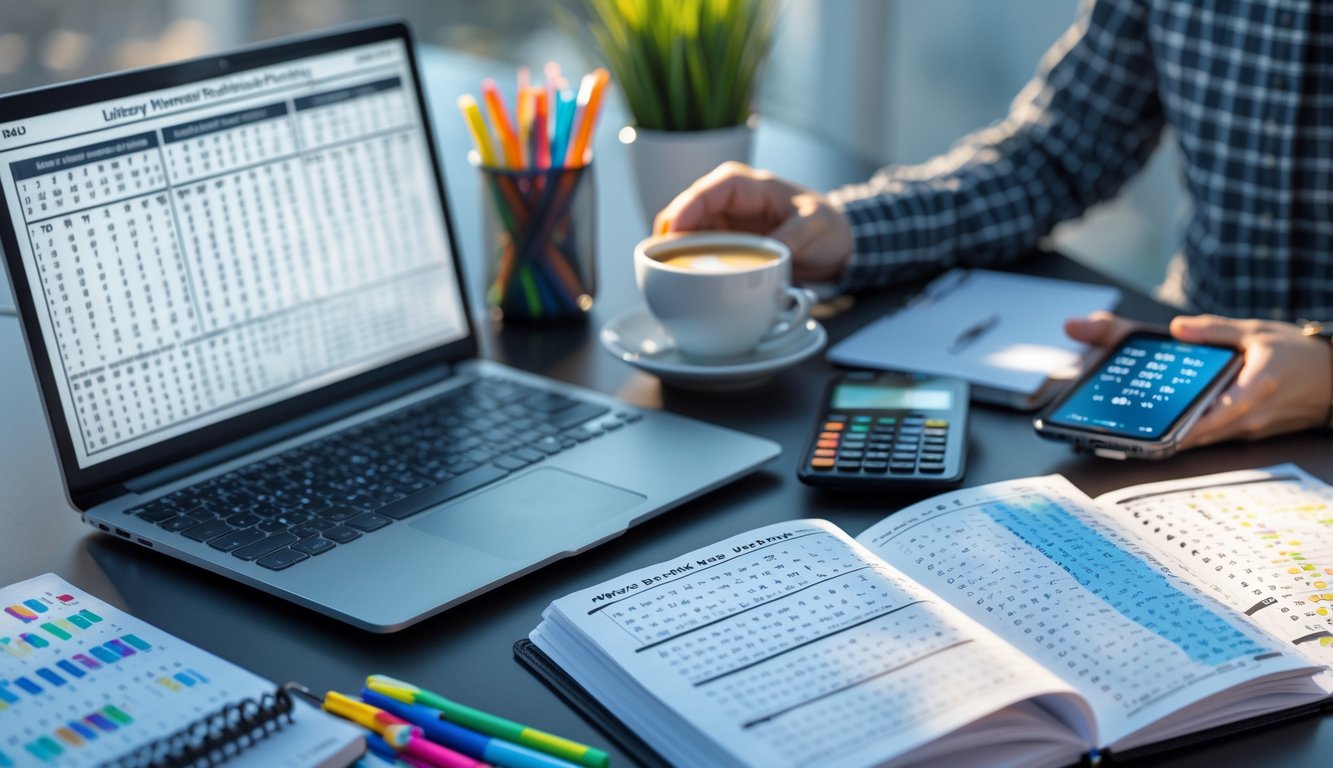 Meja kerja dengan laptop, buku catatan, dan alat tulis yang digunakan untuk menganalisis pola angka togel hari ini.