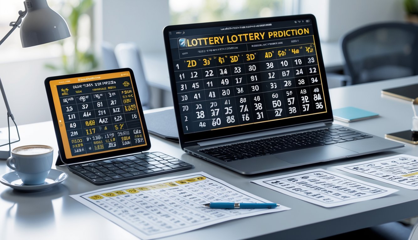 Meja kerja dengan perangkat digital dan kertas berisi pola angka untuk prediksi togel 2D 3D 4D.