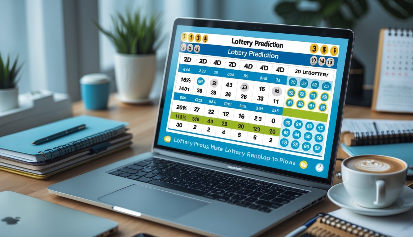 Meja kerja dengan laptop yang menampilkan grafik dan angka prediksi togel, dikelilingi oleh buku catatan, pena, dan secangkir kopi.