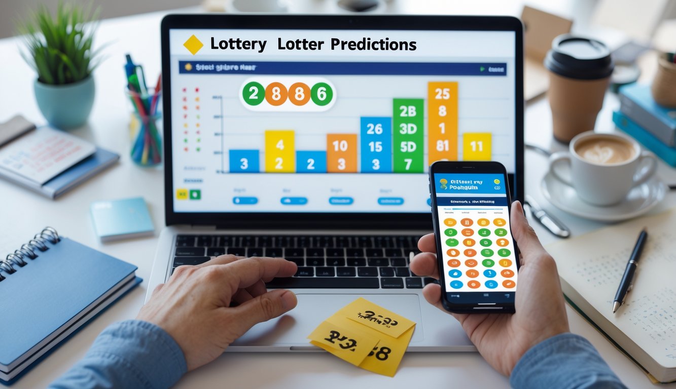Seorang profesional sedang menganalisis data togel dengan laptop dan alat tulis di meja kerja yang rapi.
