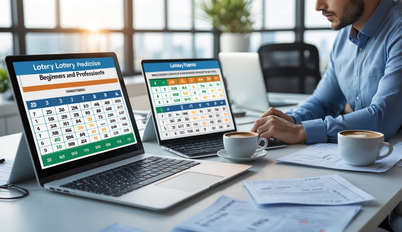 Seorang profesional sedang menganalisis data prediksi togel di meja kerja dengan laptop dan tablet di ruang kantor yang terang dan rapi.