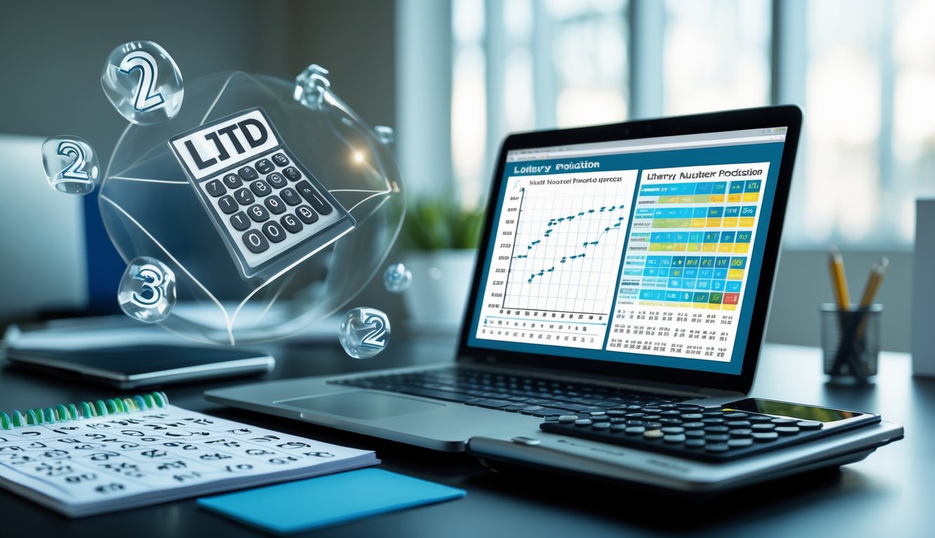 Meja kerja modern dengan laptop, catatan, dan kalkulator yang digunakan untuk prediksi angka togel 2D, 3D, dan 4D.