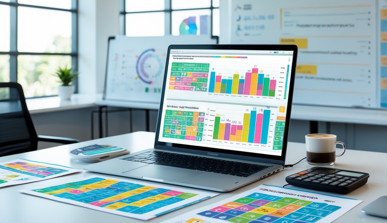 Meja kerja modern dengan laptop dan tablet yang menampilkan grafik dan data statistik, dikelilingi laporan mingguan dan alat tulis di ruang kantor terang.