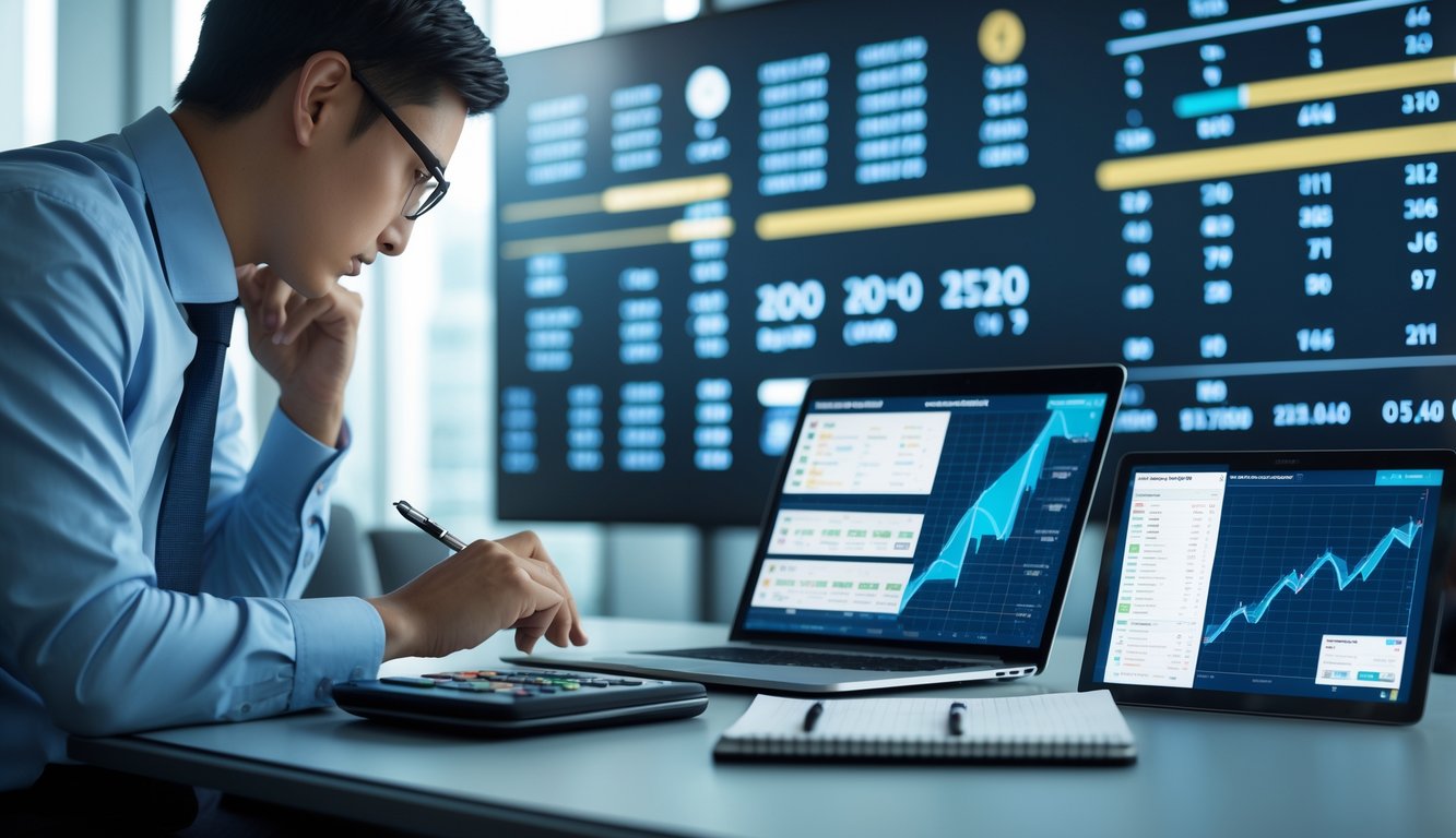 Seorang profesional sedang menganalisis data prediksi togel dengan perangkat digital di meja kerja yang rapi.