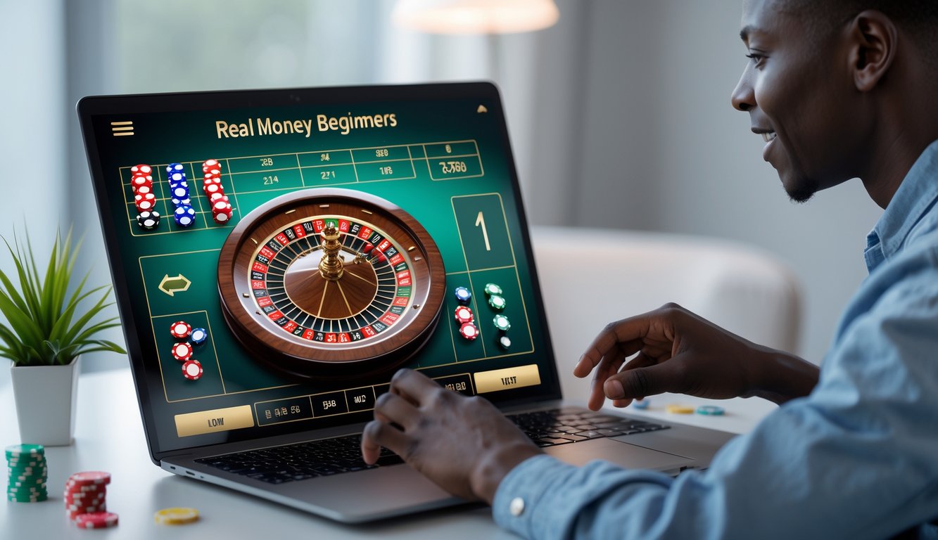 Seorang dewasa muda bermain roulette online di komputer dengan tampilan roda roulette digital dan chip warna-warni di meja taruhan virtual.