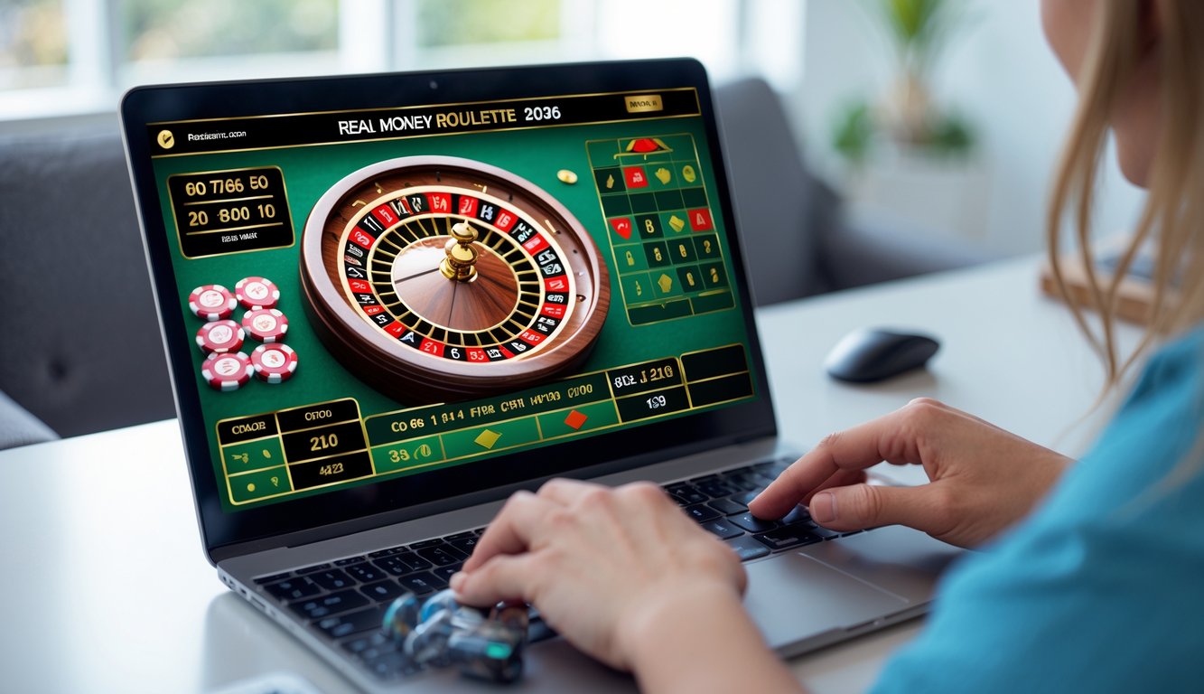Seorang pengguna komputer sedang bermain roulette online uang asli dengan tampilan roda roulette di layar dalam suasana ruang kerja yang rapi dan terang.