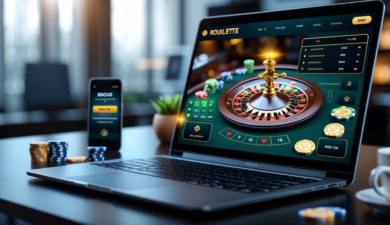 Seorang profesional sedang menggunakan laptop dengan tampilan permainan roulette online di meja kerja yang rapi dan terang.